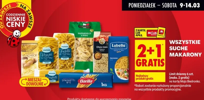 Wszystkie suche makarony 2+1 GRATIS promocja w Biedronka
