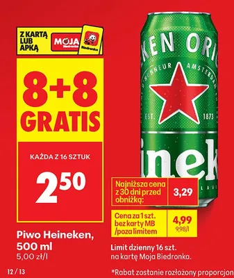 Piwo Heineken 8+8 GRATIS promocja w Biedronka