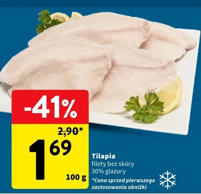 Tilapia filety bez skóry 30% glazury promocja w Intermarche