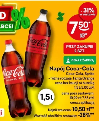 Napój Coca-Cola, Sprite, różne rodzaje, Fanta Orange cena bez kaucji za butelkę promocja w Żabka