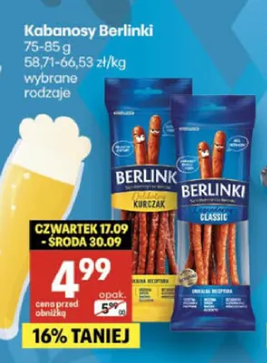 Kabanosy Berlinki delikatny kurczak promocja w Delikatesy Centrum