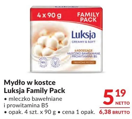 Mydło w kostce Luksja Family Pack mleczko bawełniane i prowit. B5 promocja w Makro