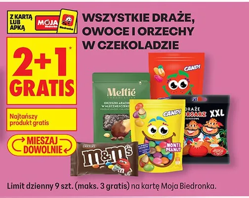 Wszystkie draże, owoce i orzechy w czekoladzie 2+1 GRATIS promocja w Biedronka
