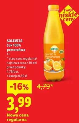 Sok pomarańcza Solevita 100% promocja w Lidl