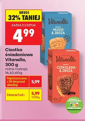 Ciastka śniadaniowe mleko & zboża Vitanella promocja w Biedronka