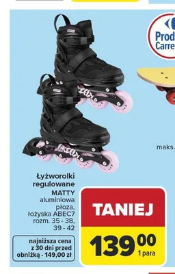 Łyżworolki regulowane MATTY aluminiowa płoza, łożyska ABEC7 rozm. 35-38,39-42 promocja w Carrefour