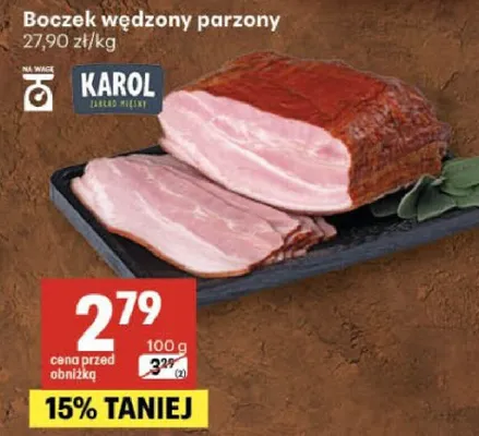 Boczek wędzony parzony Karol promocja w Delikatesy Centrum