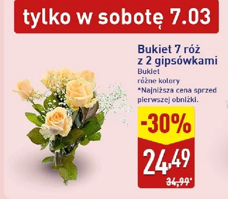 Bukiet 7 róż z 2 gipsówkami różne kolory promocja w Aldi