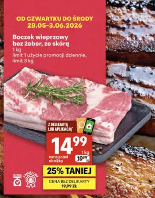 Boczek wieprzowy bez żeber ze skórą promocja w Delikatesy Centrum