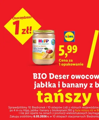 BIO Deser owocowy po 4m-cu jabłka i banany z biszkoptami Hipp promocja w Lidl