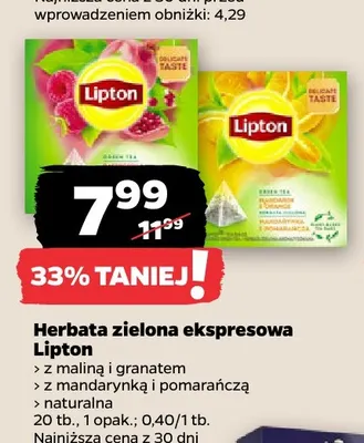 Herbata zielona ekspresowa Lipton z maliną i granatem promocja w Netto