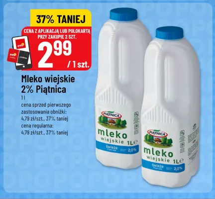 Mleko wiejskie Piątnica 2% promocja w POLOmarket