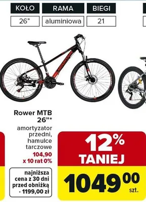 Rower MTB 26" amortyzator przedni, hamulce tarczowe promocja w Carrefour