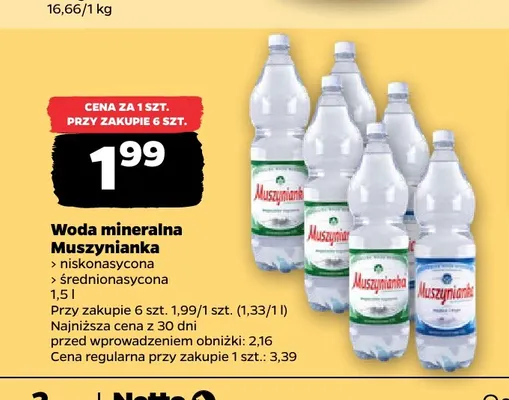 Woda mineralna gazowana Muszynianka niskonasycona promocja w Netto