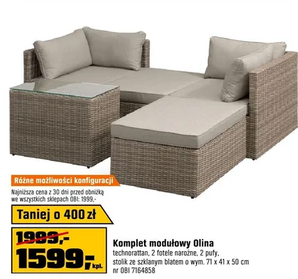 Komplet modułowy Olina technorattan 2 fotele narożne 2 pufy stolik ze szklanym blatem 71x41x50cm promocja w OBI