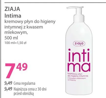 Intima kremowy płyn do higieny intymnej z kwasem mlekowym promocja w Hebe