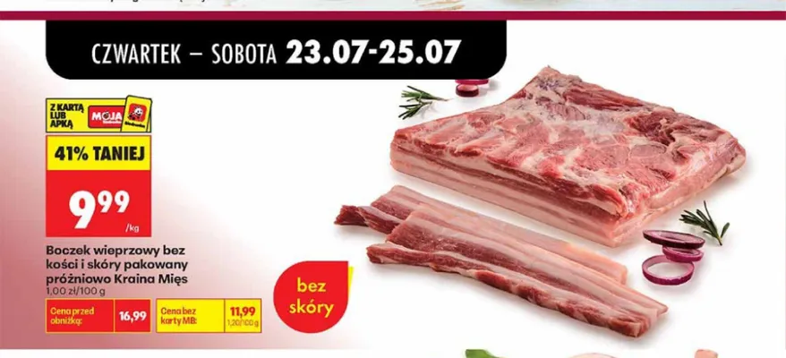 Boczek wieprzowy bez kości i skóry pakowany próżniowo Kraina Mięs promocja w Biedronka
