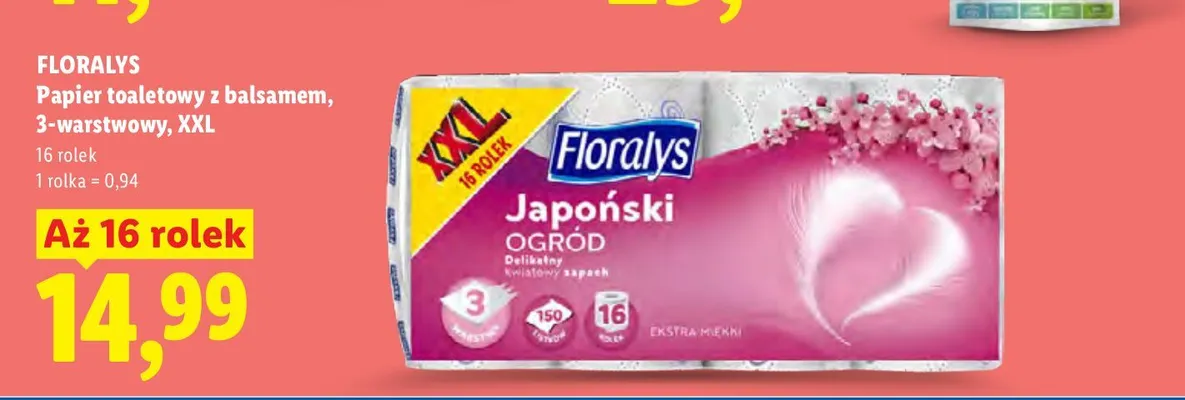Papier toaletowy z balsamem Floralys 3-warstwowy XXL 16-pak promocja w Lidl