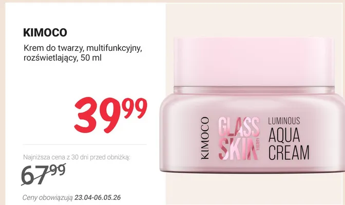 Krem do twarzy Kimoco Glass Skin multifunkcyjny rozświetlający promocja w Rossmann
