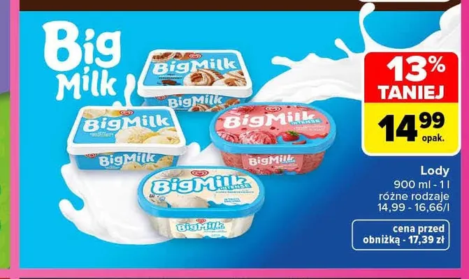 Lody Big Milk różne rodzaje promocja w Carrefour