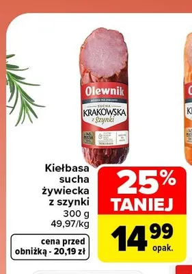 Kiełbasa sucha żywiecka z szynki Olewnik promocja w Carrefour