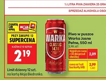 Piwo w puszce Warka Jasne Pełne, 500ml promocja w Biedronka