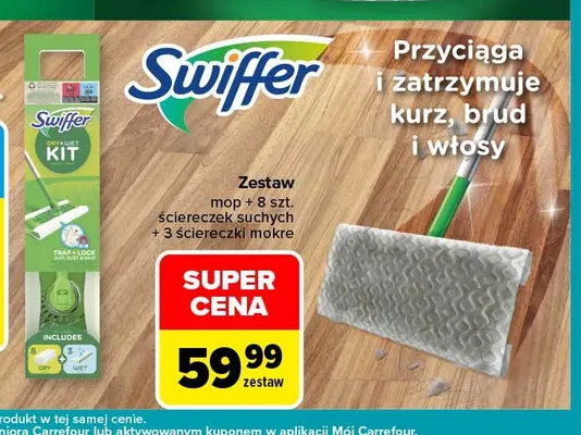 Zestaw mop + 8 szt. ściereczek suchych + 3 ściereczki mokre Swiffer promocja w Carrefour