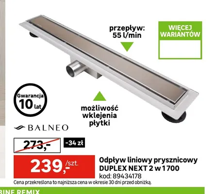 Odpływ liniowy prysznicowy Duplex Next 2 w 1 700 Balneo promocja w Leroy Merlin