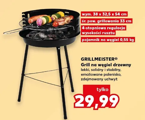 Grill na węgiel drzewny Grillmeister wym. 38x32,5x54cm śr. pow. grillowania 33cm 4-stopniowa regulacja wysokości rusztu pojemnik na węgiel 0,55kg promocja w Kaufland