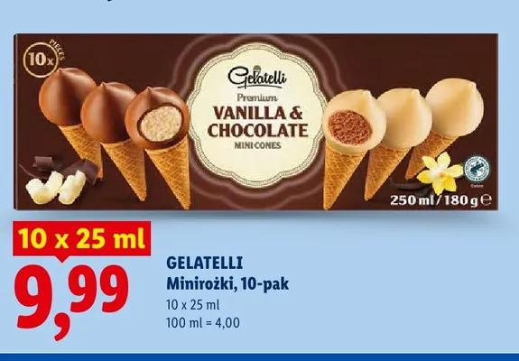 Lody minirożki Gelatelli Premium Vanilla & Chocolate 10-pak promocja w Lidl
