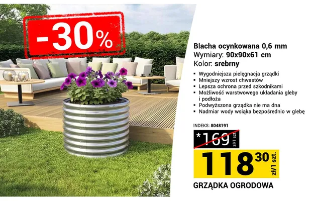 Grządka ogrodowa blacha ocynkowana 0,6mm 90x90x61cm srebrny promocja w Merkury Market