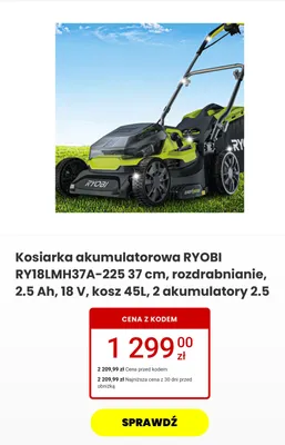 Kosiarka akumulatorowa RYOBI RY18LMH37A-225 37 cm rozdrabnianie 2,5Ah 18V kosz 45 l 2 akumulatory 2,5 promocja w Media Expert