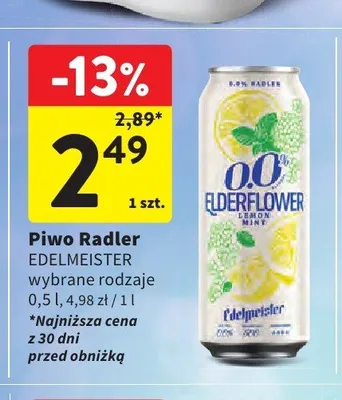 Piwo bezalkoholowe Radler Edelmeister Elderflower Lemon Mint promocja w Intermarche