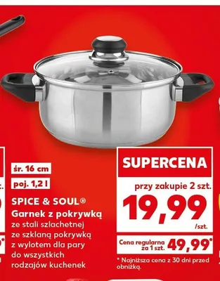 Garnek z pokrywką ze stali szlachetnej SPICE & SOUL śr. 16cm poj. 1,2l ze szklaną pokrywką z wylotem dla pary do wszystkich rodzajów kuchenek promocja w Kaufland