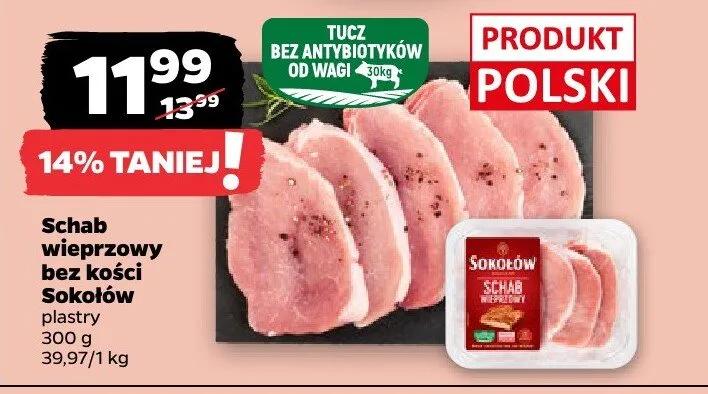 Schab wieprzowy bez kości Sokołów plastry promocja w Netto