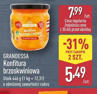 Konfitura brzoskwiniowa o obniżonej zawartości cukru GRANDESSA promocja w Aldi