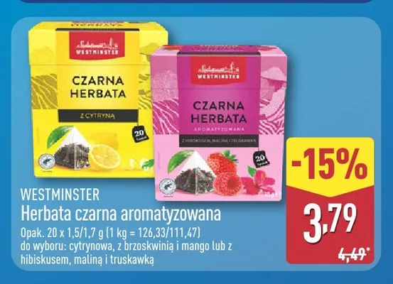 Herbata czarna aromatyzowana cytrynowa Westminster promocja w Aldi
