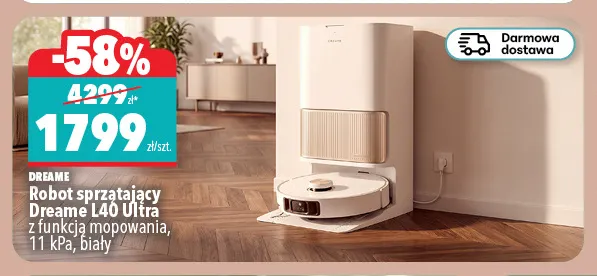 Robot sprzątający Dreame L40 Ultra z funkcją mopowania biały promocja w Biedronka Home