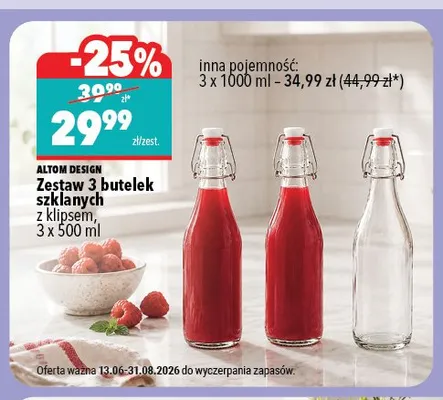 Zestaw 3 butelek szklanych z klipsem Altom Design 3x500 ml promocja w Biedronka Home