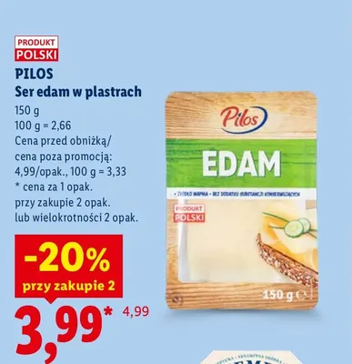 Ser edam w plastrach Pilos promocja w Lidl