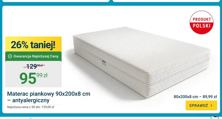 Materac piankowy antyalergiczny 80x200x8 cm promocja w ERLI