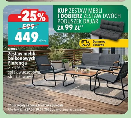 Zestaw mebli balkonowych Meven Florencja 2 krzesła, sofa dwuosobowa, stolik kawowy promocja w Biedronka