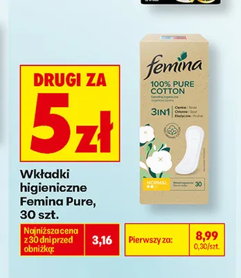 Wkładki higieniczne Femina Pure Normal promocja w Biedronka