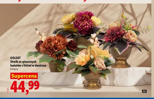 Stroik ze sztucznych kwiatów z liśćmi w doniczce Goliat promocja w Lidl