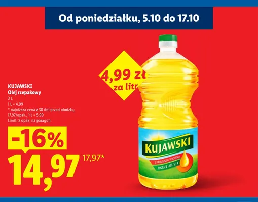 Olej rzepakowy Kujawski promocja w Lidl