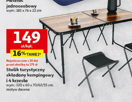 Stolik turystyczny składany kempingowy i 4 krzesła motyw drewna promocja w Auchan