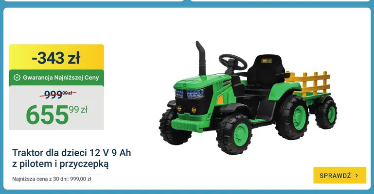 Traktor dla dzieci 12V 9Ah z pilotem i przyczepką promocja w ERLI
