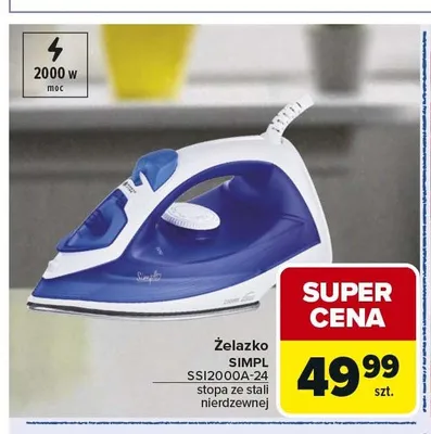 Żelazko SIMPL SSI2000A-24 stopa ze stali nierdzewnej 2000W promocja w Carrefour Market