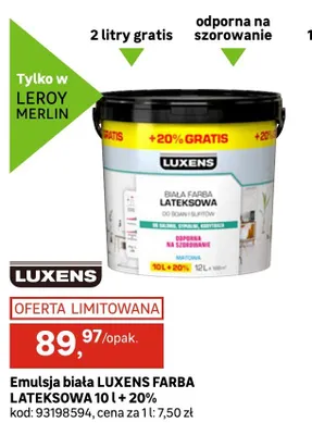Emulsja biała LUXENS FARBA LATEKSOWA 10l + 20% promocja w Leroy Merlin