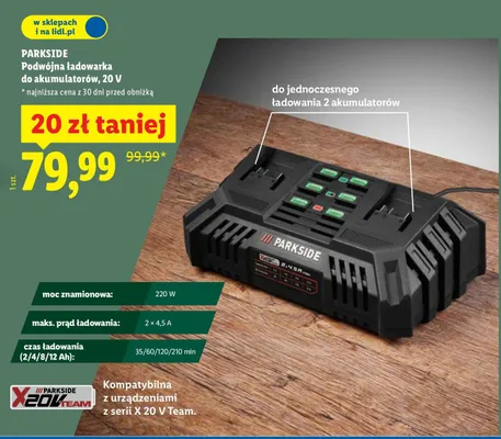 Podwójna ładowarka do akumulatorów, 20 V Parkside promocja